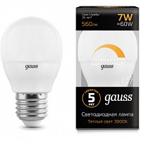 Лампа Gauss LED Шар-dim E27 7W 560lm 3000К диммируемая